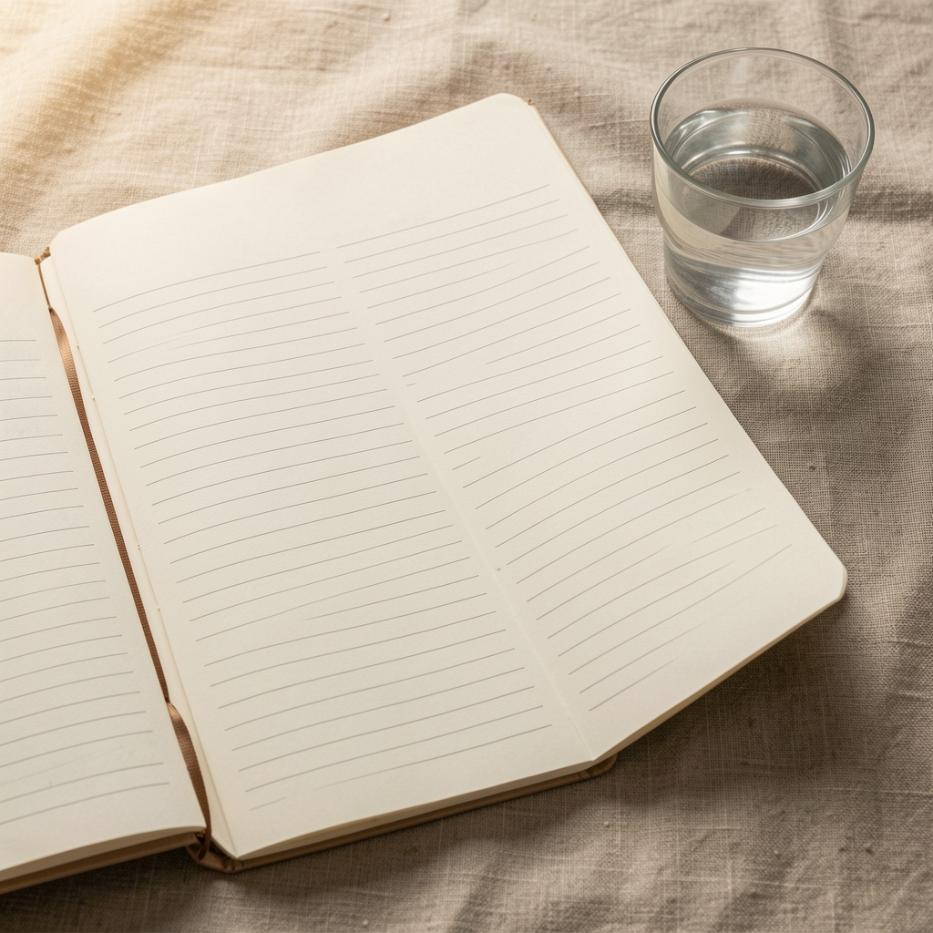 Notebook with meal time entries laid open on a natural linen surface beside a glass of water