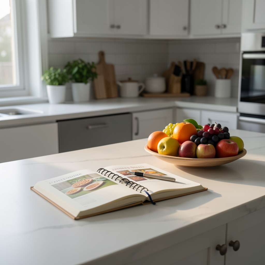 Kitchen counter in early morning light with a food journal and seasonal fruit, minimal composition