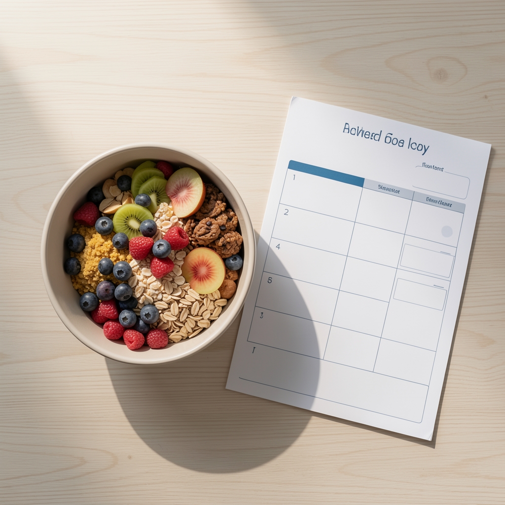 Overhead view of a breakfast bowl and a weekly food planner on a pale wooden surface in morning light