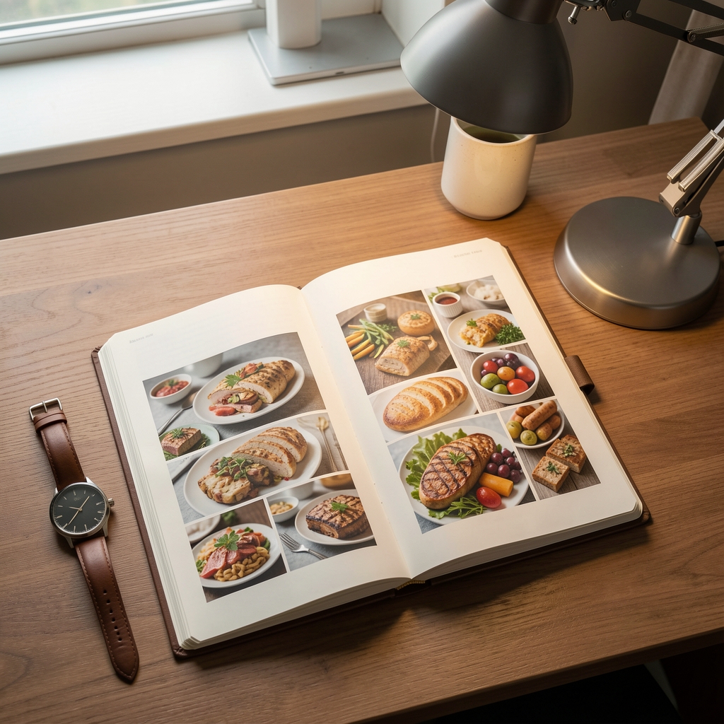 Watch and food journal on a desk under a reading lamp, overhead editorial view