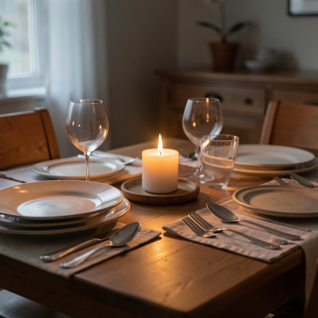 Evening meal set on a table with a candle and simple tableware, editorial still life