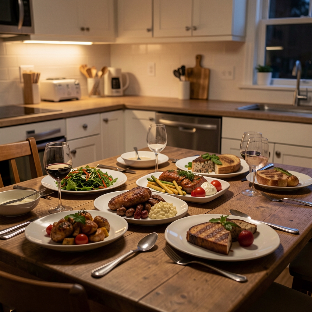 Evening meal laid out on a kitchen table under warm ambient light, editorial food composition