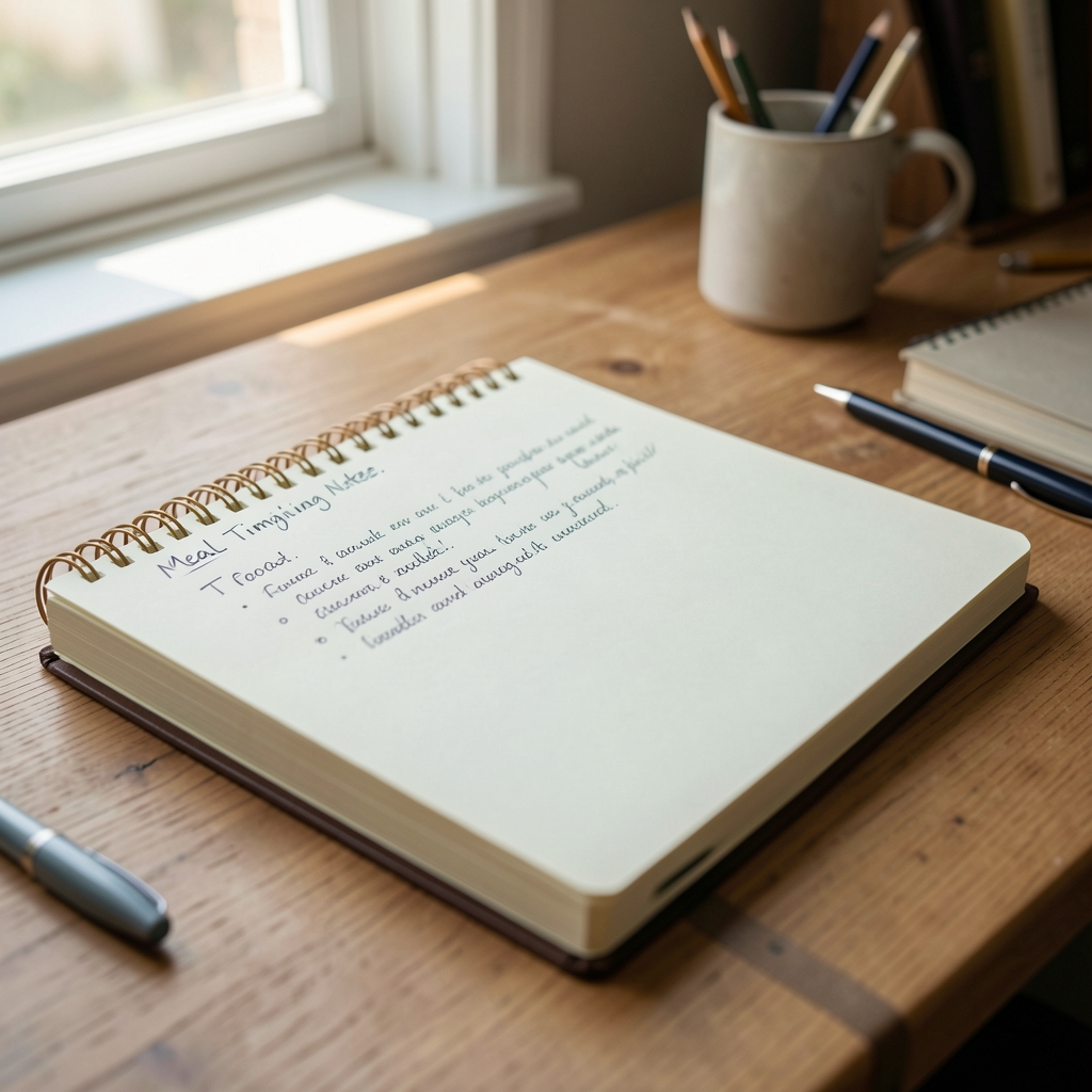 Meal timing notes written in a food journal on a desk, daylight coming through a nearby window