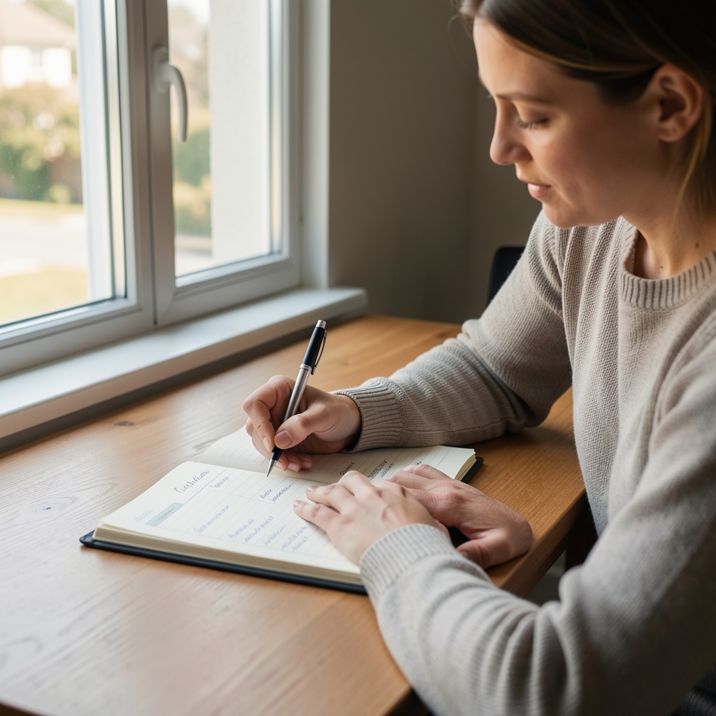 Person writing food schedule observations in a notebook on a desk beside a window in natural light