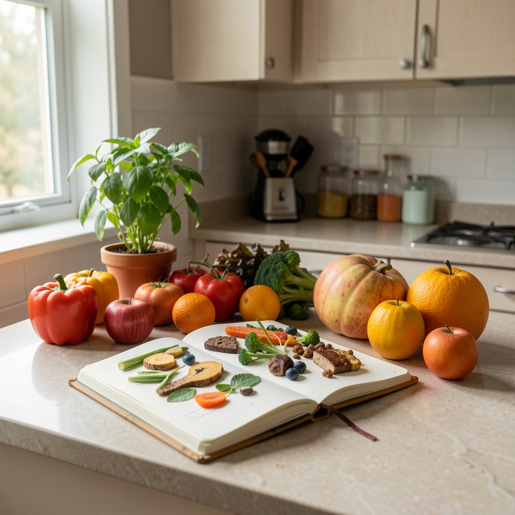 Morning kitchen counter with a food journal and seasonal produce arranged in natural window light