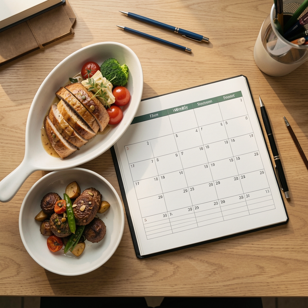 Food and a weekly planner viewed from overhead on an editorial desk surface in natural light